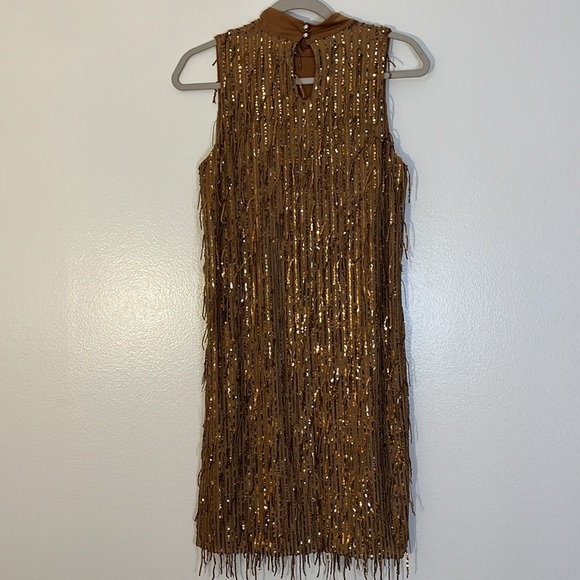 Carla Conti | Sequin gold/copper fringe mesh overlay mini dress Women’s size S - Picture 5 of 11